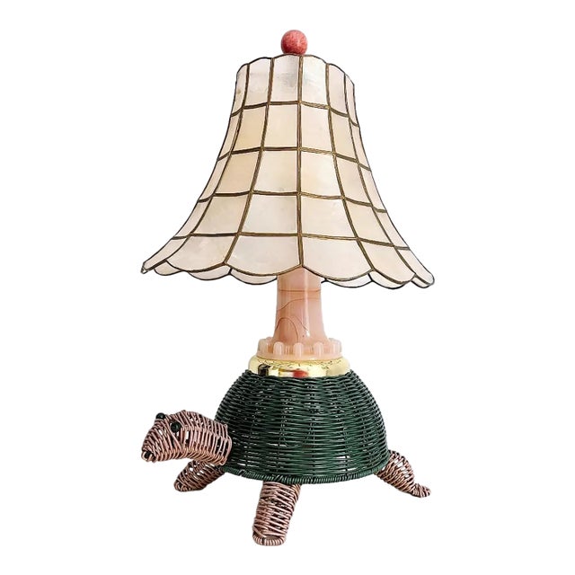 Mid Century Wicker Turtle Lamp & Shell Shade For Sale