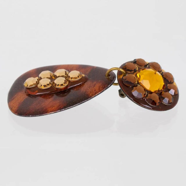 Glass Jeweled Lucite Dangle Clip Earrings with Cheetah Print For Sale - Image 7 of 8