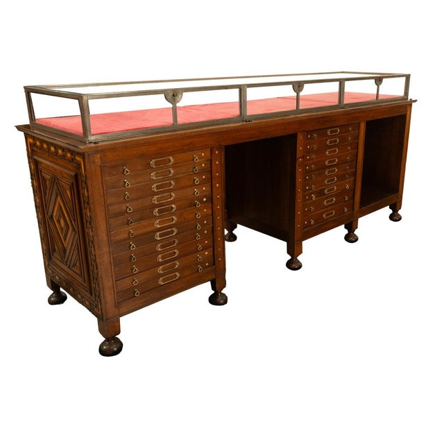 Antique Art Deco Jewelry Store Display Case Counter Walnut Bronze Glass 1920 For Sale - Image 11 of 18