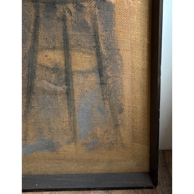Wood Original Mid Century Salvatore Emblema Painting on Jute - A Figure and a Looking Glass on a Table, Signed For Sale - Image 7 of 8