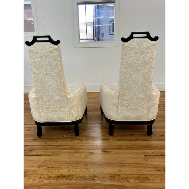Hollywood Regency James Mont Style 1960s Throne Chairs. In Excellent Vintage Condition. Original Brocade Upholstery in Excellent Condition. For Sale - Image 3 of 7