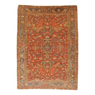 Antique Persian Heriz Carpet Handmade Wool Oriental Rug, Rust, Navy-Medium Blue For Sale