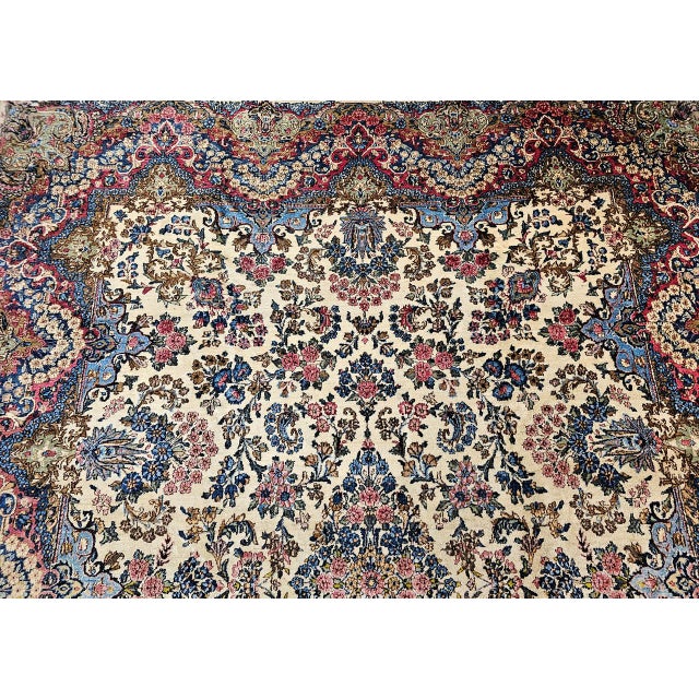 Vintage Persian Kerman Rug, Hand-Knotted Wool, Allover Floral Pattern, Ivory & Blue, 9x12 For Sale - Image 10 of 17