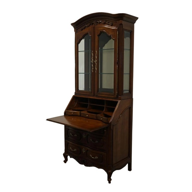 Wood Century Furniture Solid Cherry French Provincial 35" Secretary Desk W. Lighted Display Hutch For Sale - Image 7 of 13