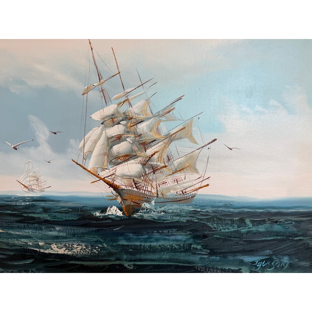 Late 20th Century Listed Artist Hewett Jackson Original Oil Painting | Tall Ship Seascape | Framed For Sale In Jacksonville, FL - Image 6 of 14