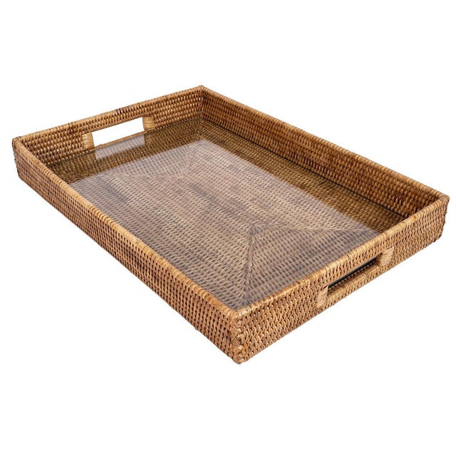 Artifacts Rattan Rectangular Serving Tray with Cutout Handles, Honey Brown with Glass Insert, 20"X13" For Sale In Houston - Image 6 of 10