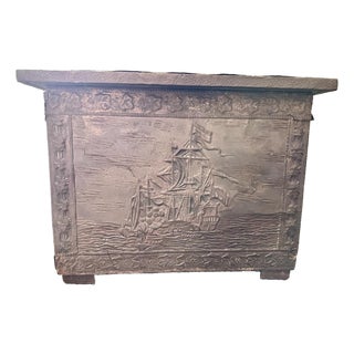 Antique Early 20th Century Nautical Themed Wooden Coal/Firewood Box With Brass Embossed Exterior Panels For Sale