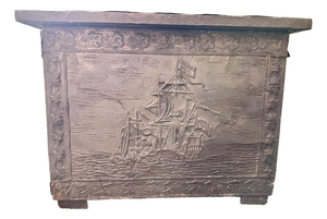 Antique Early 20th Century Nautical Themed Wooden Coal/Firewood Box With Brass Embossed Exterior Panels