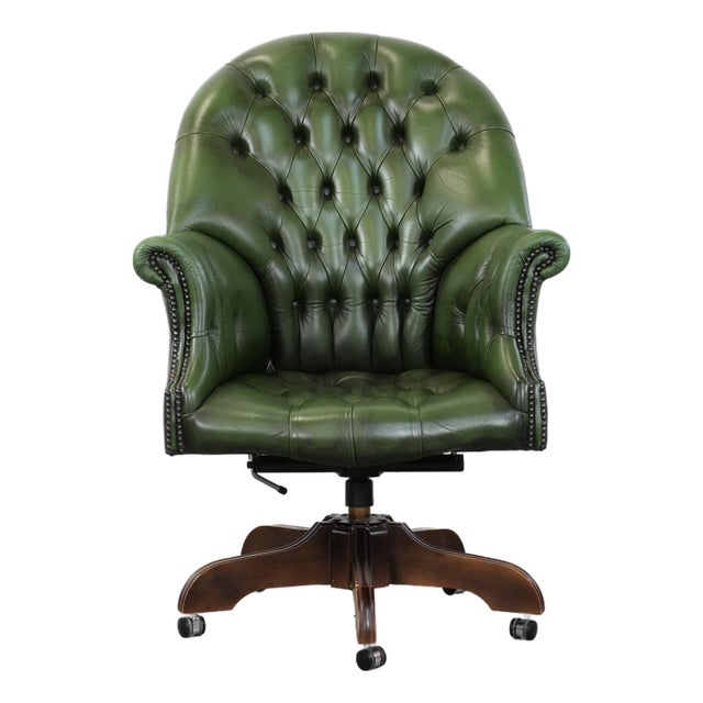 Large English Style Chesterfield Office Chair in Green Cowhide Leather For Sale