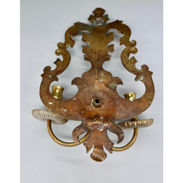 Metal Pair of Solid Brass Two-Arm Rococo Revival Candle Wall Sconces With Acanthus Leaf Backplate, Early 20th Century For Sale - Image 7 of 15