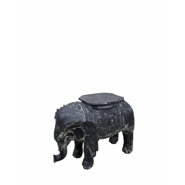 Hollywood Regency Antique Balinese Finely Detailed Patina Hammered Bronze Saddled Elephant Plant-Stand/Cocktail Table For Sale - Image 3 of 12