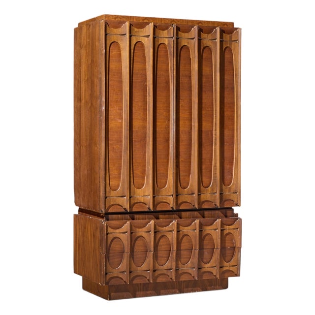 Tobago Brutalist Mid Century Walnut Armoire Dresser For Sale