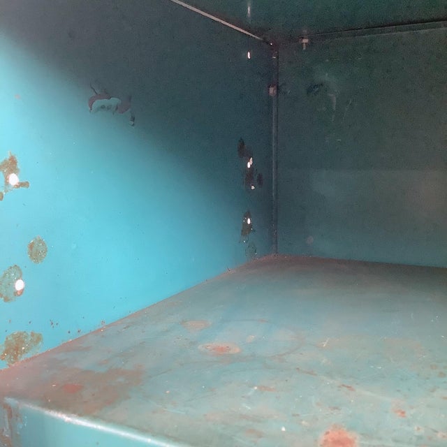 Vintage Industrial Metal Cabinet With Shelves and Weathered Patina For Sale - Image 17 of 17