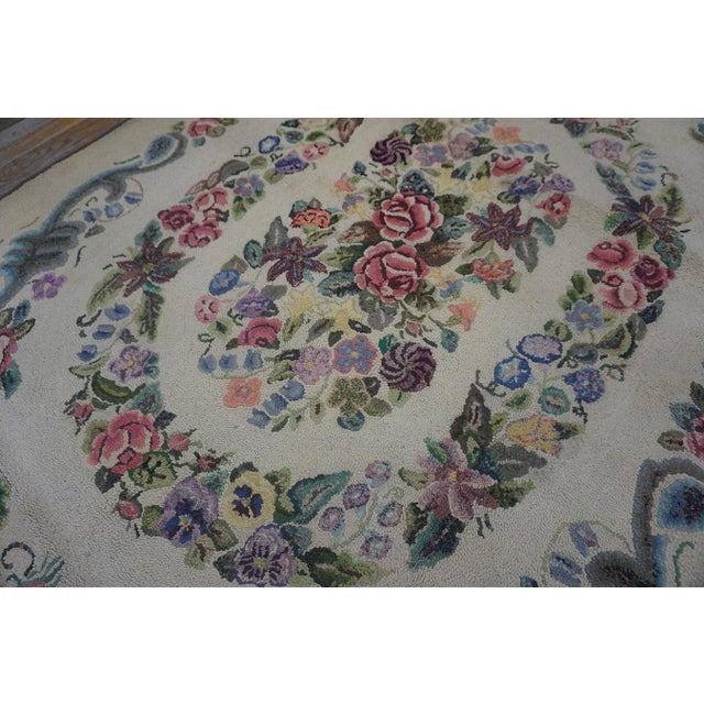 Textile Early 20th Century (1935) Ivory Multicolor Antique American Hooked Rug 4'2" X 7'6" Americana Floral Carpet For Sale - Image 7 of 12