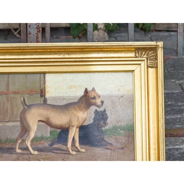 Gold Continental Oil Painting of Two Dogs in Courtyard, circa 1900 - Gilt Frame For Sale - Image 8 of 12