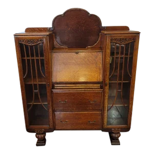 Antique 1920's Art Deco Drop Front Secretary " Side by Side" Tiger Oak