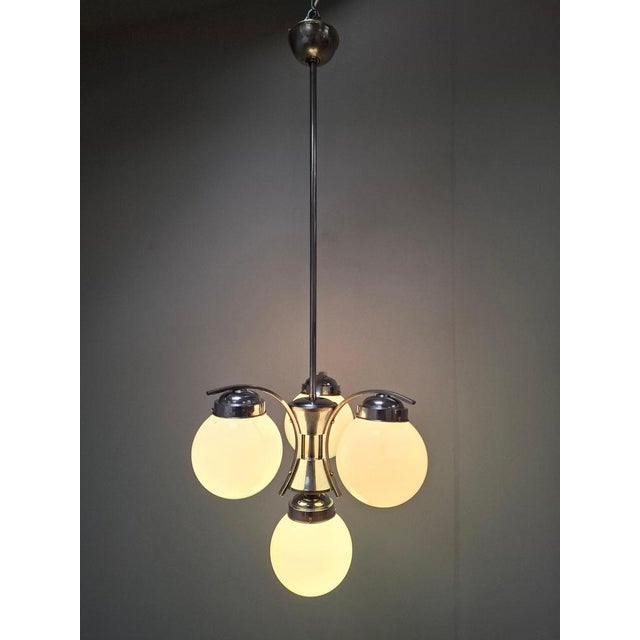1930s Czech Art Deco Blue Opaline Glass and Chrome 4-Light Chandelier, 1930s For Sale - Image 5 of 18