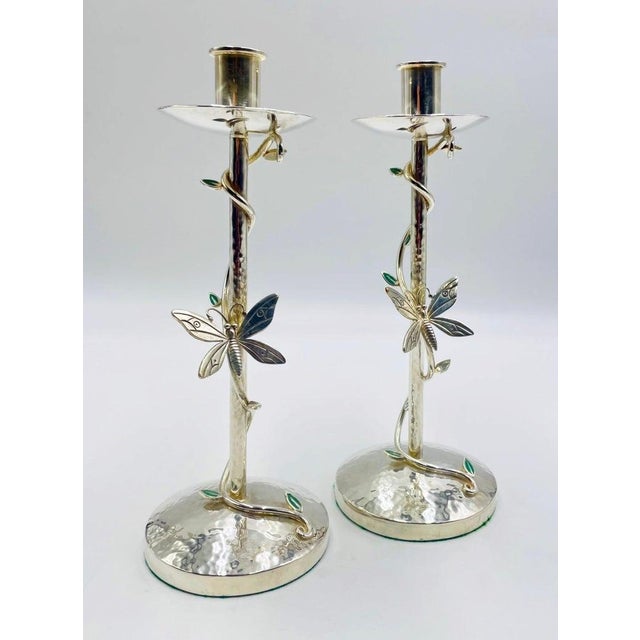 Mexican Pair of Emilia Castillo Silver-Plated Candlesticks With Emerald Stone Inlay For Sale - Image 3 of 18