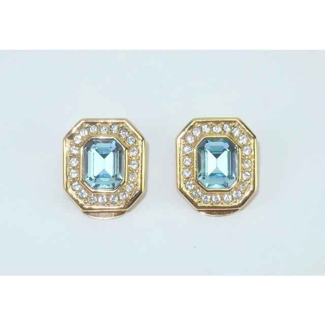 Metal Christian Dior Blue Crystal & Rhinestone Gold Plated Earrings, 1980's For Sale - Image 7 of 11
