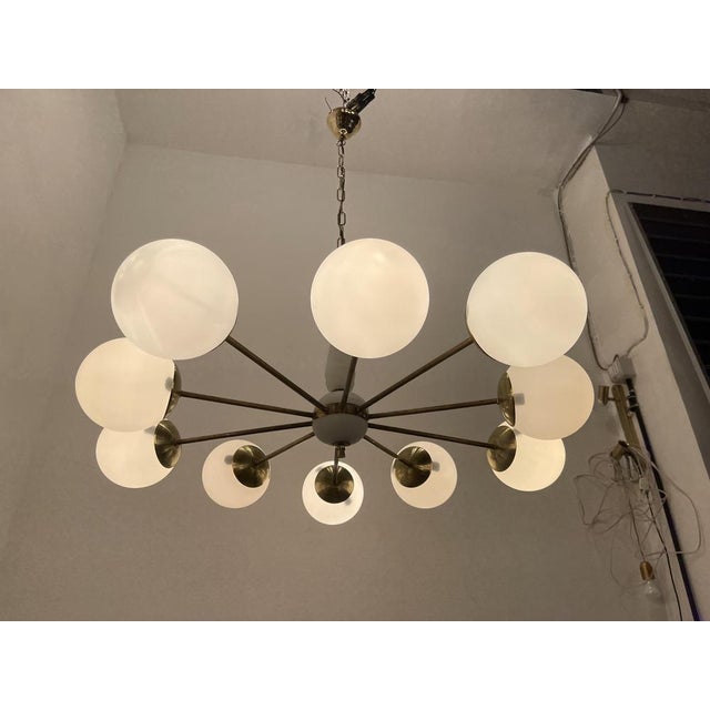 Sputnik 10-Light Chandelier in Opaline Glass and Brass, 1960s For Sale - Image 12 of 13