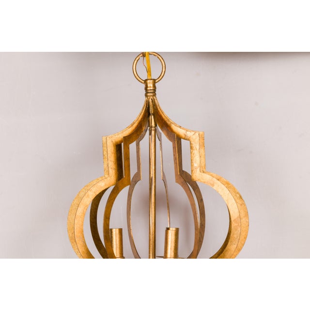 Gold Mid 20th Century Mid Century Modern French Gilt Metal Three-Light Lantern with Scrolling Effects, Wired For Sale - Image 8 of 12