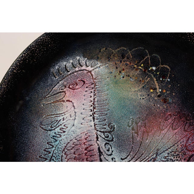 1950s Large Vintage Enamel on Copper Sgraffito Peacock Decorative Plate by Arpad Rosti For Sale - Image 5 of 13