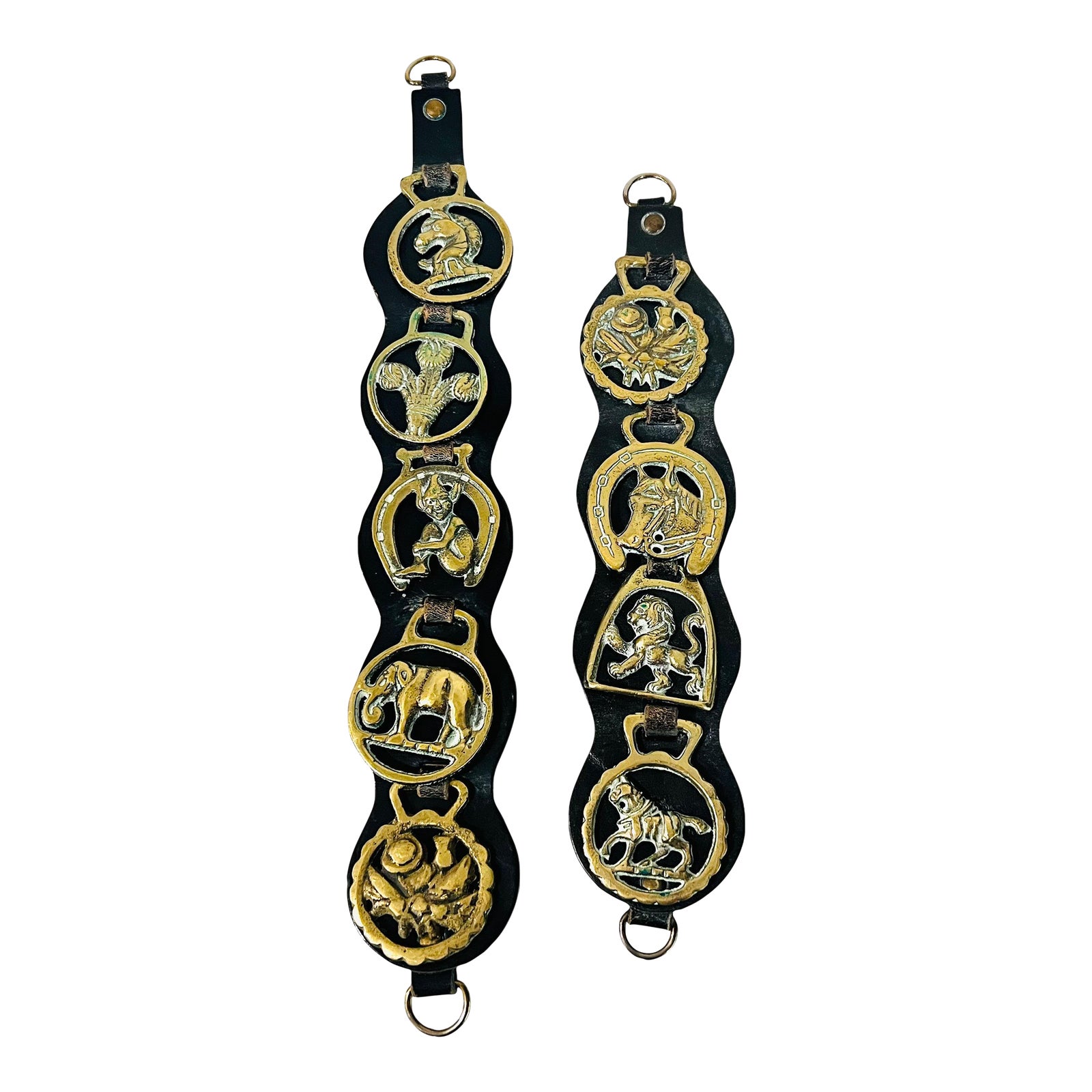 1980s Horse Brass on Leather Martingales, Pair Chairish