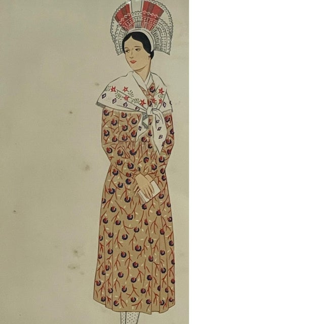 Wood Vintage French Fashion Print by Lepage-Medvey, Costumes Français Champagne Woman, Framed Paris Editions Hyperion Illustration. For Sale - Image 7 of 10