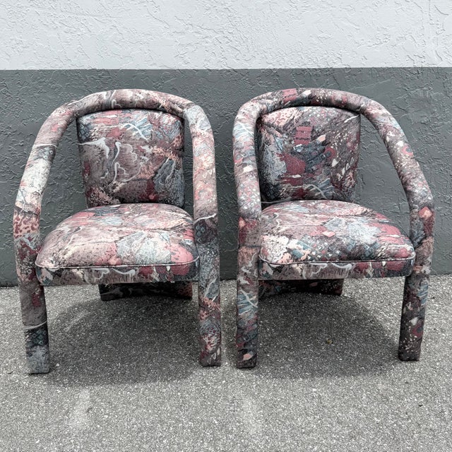 A striking pair of vintage Postmodern armchairs showcasing the bold artistic sensibilities of late 1980s and early 1990s...