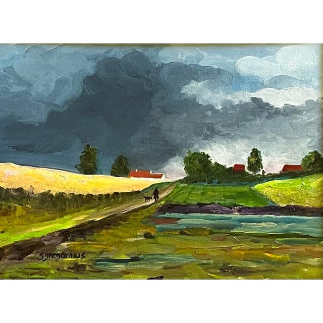 Oil painting on canvas laid down on hardboard of an English countryside with impending storm clouds above, cottages in the...