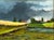 Oil painting on canvas laid down on hardboard of an English countryside with impending storm clouds above, cottages in the...