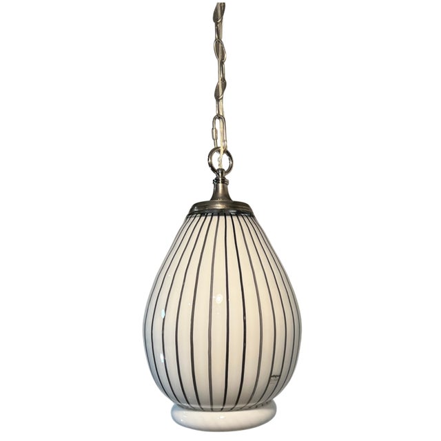 Vintage Murano Striscia Art Glass White Oval Pendant Light With Black Stripes For Sale - Image 17 of 18