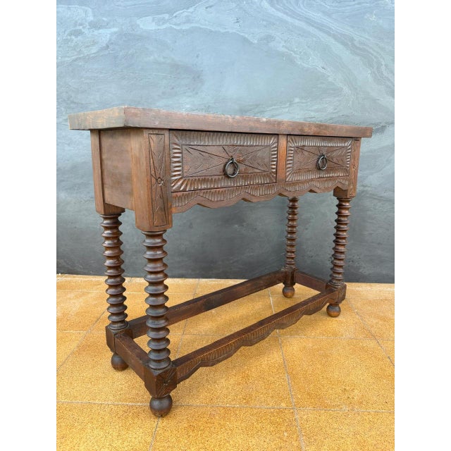 1920s Spanish Console Table with Turned Legs and Carved Drawers, 1920 For Sale - Image 5 of 11