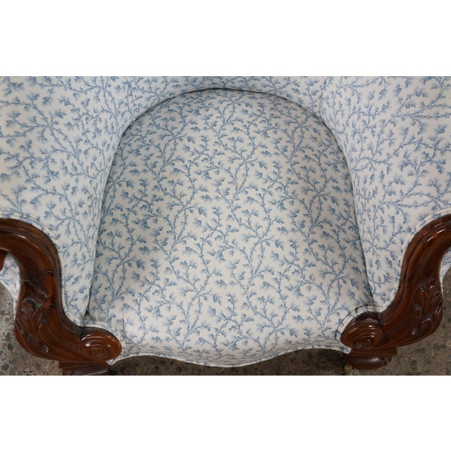 Antique Victorian Carved Walnut Spoon-Back Blue Floral Salon Armchair C. 1880s For Sale - Image 11 of 18