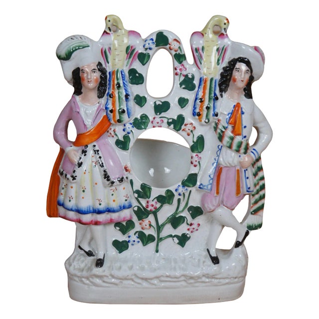 Antique Staffordshire Couple With Peacocks Pocket Watch Holder Figurine For Sale