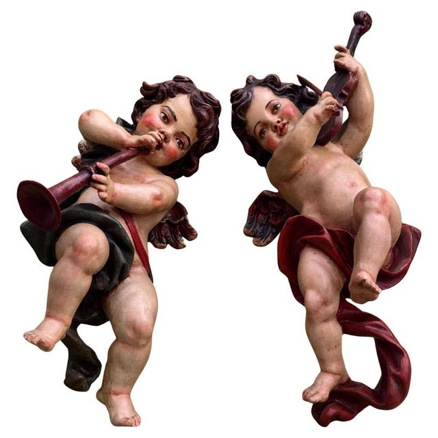 Musical Angels in Carved and Polychromed Wood by Arte Granda, Set of 2 For Sale - Image 18 of 18