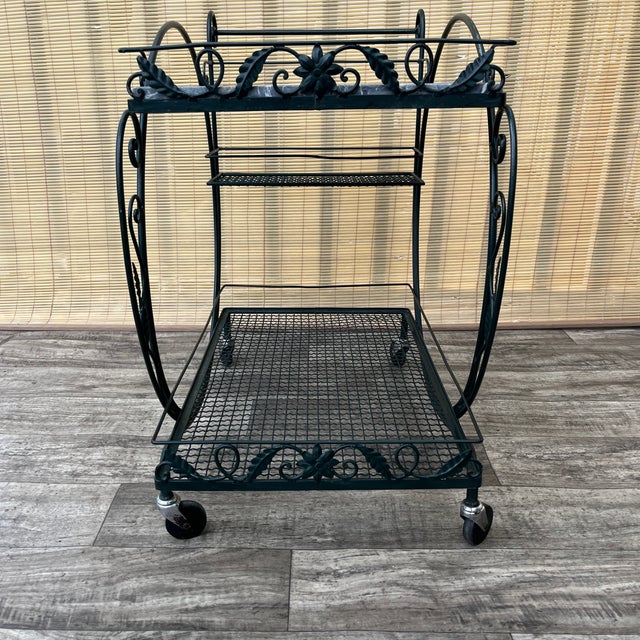 Mid Century Wrought Iron Marble Top Patio Serving Cart in the Salterini Style. Circa 1960s For Sale - Image 9 of 17