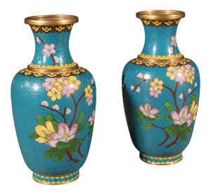 1940s Pair of Vintage Art Deco Chinese Cloisonne Posy Vases