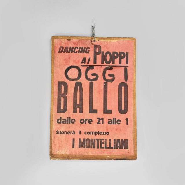 Italian mid-century modern wooden advertising sign, 1970s Double-sided rectangular advertising poster applied to a rigid...