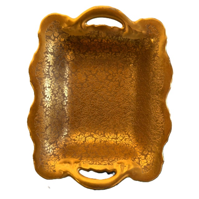 Vintage Pickard Etched Gold Rose Chintz Handled Tray - Hollywood Regency For Sale - Image 9 of 12