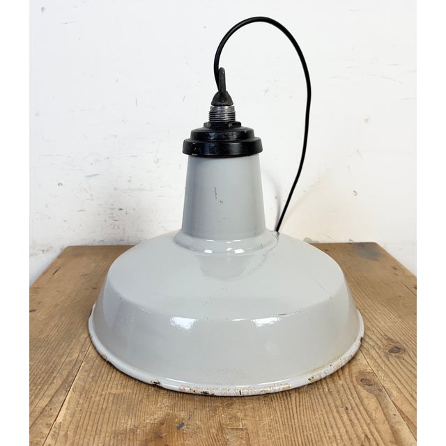 Industrial Grey Enamel Factory Pendant Lamp, 1960s For Sale - Image 15 of 17