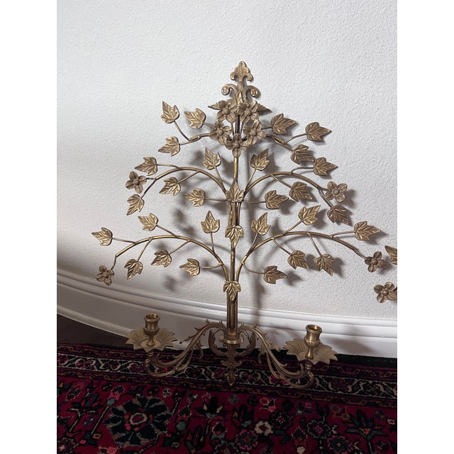 Hollywood Regency Pair of Hollywood Regency Style Brass and Metal Wall Sconce, Candlestick Holder, Vine Leaves Design, Candelabra For Sale - Image 3 of 12