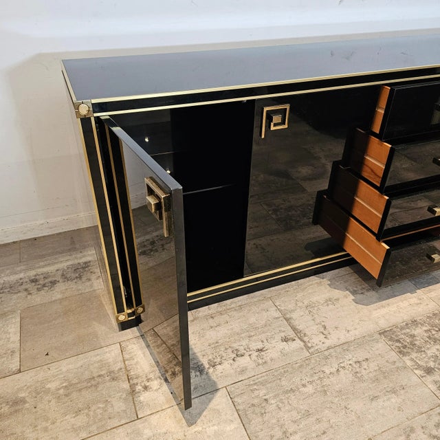 Black Lacquered Credenza with Brass Details, 1980 For Sale - Image 10 of 12