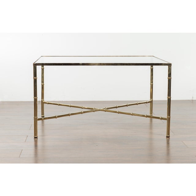 Mid-Century Modern Italian Midcentury Brass Coffee Table with Glass Top and X-Form Cross Stretcher For Sale - Image 3 of 12