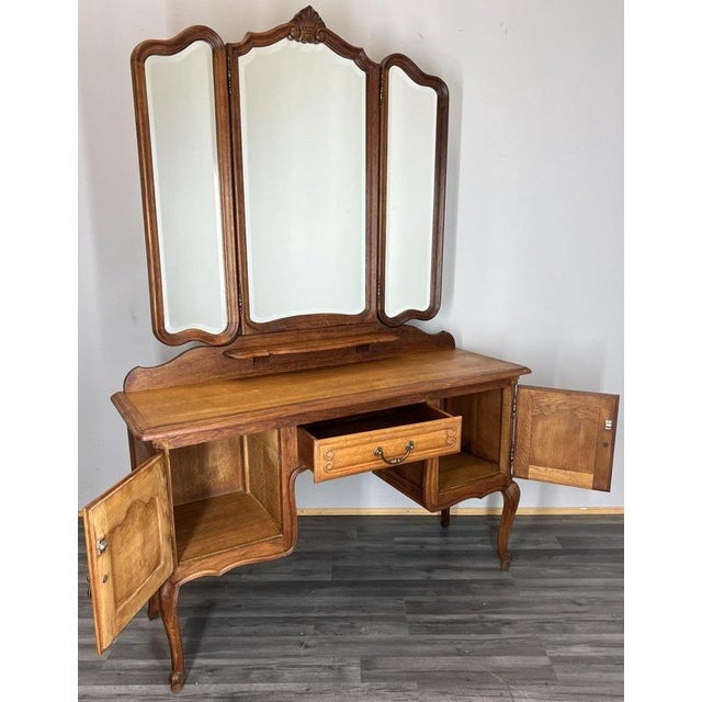 Vintage French Louis Style Oak Dressing Table with Mirror For Sale - Image 13 of 14