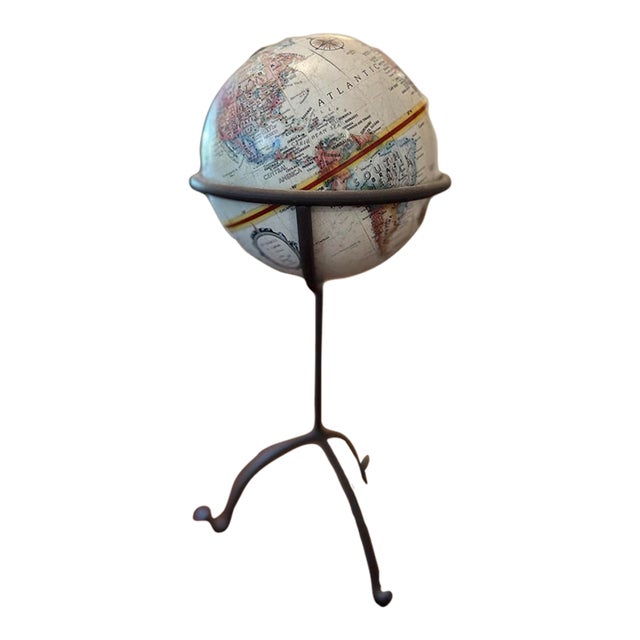 Vintage World Globe on Iron Tripod Stand For Sale