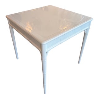 Vintage Palm Beach White Newly Lacquered Faux Bamboo Fret Game Table Two Drawers For Sale