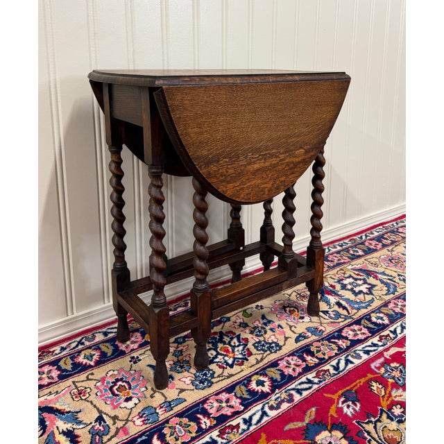 Antique English Table Drop Leaf Gateleg Barley Twist Oak Oval C. 1920-30s For Sale - Image 4 of 18