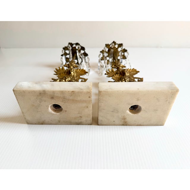 Pair of Antique Brass Victorian Girandole Candlesticks With Marble Base & Prisms For Sale - Image 12 of 12