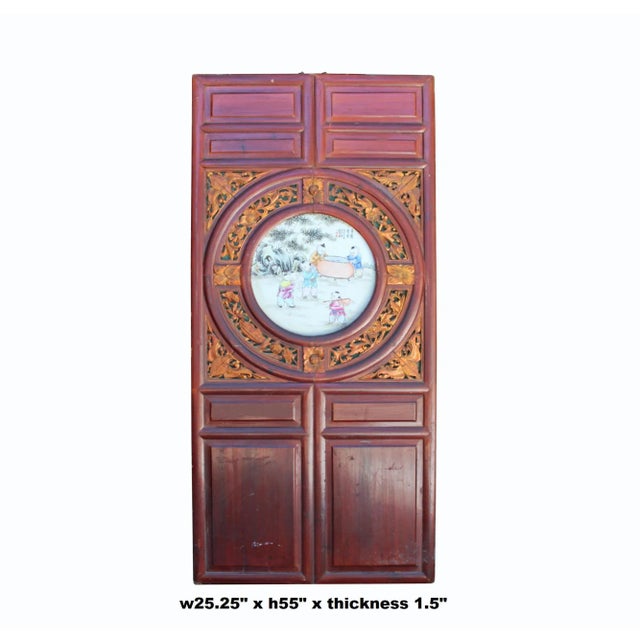 This is a vintage wooden wall decor panel screen with a brown stain finish. It has precise relief carving motif...